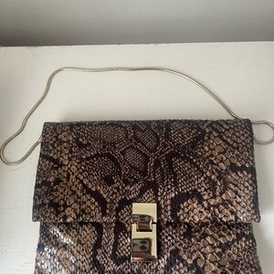 Brown Snake Print Clutch with Gold Chain
